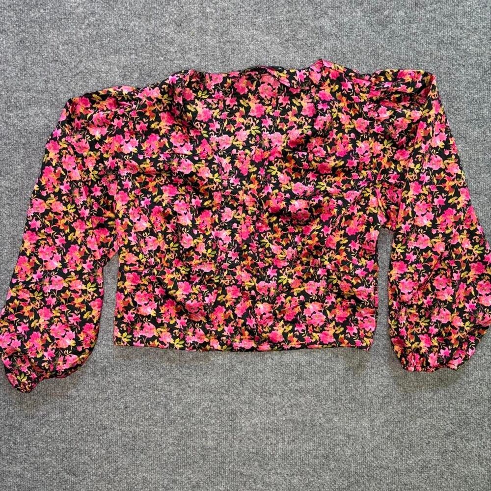 Floral Long Puff Sleeve Crop Top Magenta and Orange